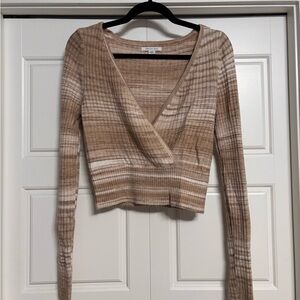 American Eagle Outfitters Tan and Cream Striped Ribbed Wrap Top